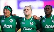 2 February 2020; The Ireland front row, from left, Lindsay Peat, Cliodhna Moloney and Linda Djougang ahead of the Women's Six Nations Rugby Championship match between Ireland and Scotland at Energia Park in Donnybrook, Dublin. Photo by Ramsey Cardy/Sportsfile