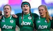 2 February 2020; Edel McMahon, left, Anna Caplice, centre, and Kathryn Dane of Ireland ahead of the Women's Six Nations Rugby Championship match between Ireland and Scotland at Energia Park in Donnybrook, Dublin. Photo by Ramsey Cardy/Sportsfile