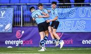3 February 2020; St Michael's College players, from left, Mark Canniffe, Matthew Green-Delaney, and Andrew Cosgrave celebrate after the Bank of Ireland Leinster Schools Junior Cup First Round match between St Michael’s College and Belvedere College at Energia Park in Donnybrook, Dublin. Photo by Piaras Ó Mídheach/Sportsfile