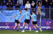 3 February 2020; St Michael's College players, from left, Matthew Green-Delaney, Mark Canniffe, and Andrew Cosgrave celebrate after the Bank of Ireland Leinster Schools Junior Cup First Round match between St Michael’s College and Belvedere College at Energia Park in Donnybrook, Dublin. Photo by Piaras Ó Mídheach/Sportsfile