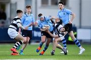 3 February 2020; Tom Stewart of St Michael's College in action against Daniel Cox of Belvedere College, right, during the Bank of Ireland Leinster Schools Junior Cup First Round match between St Michael’s College and Belvedere College at Energia Park in Donnybrook, Dublin. Photo by Piaras Ó Mídheach/Sportsfile