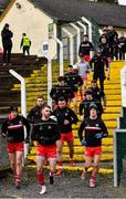 2 February 2020; Ronan McNamee, centre, leading the Tyrone players to the field before the Allianz Football League Division 1 Round 2 match between Monaghan and Tyrone at St. Mary's Park in Castleblayney, Monaghan. Photo by Oliver McVeigh/Sportsfile