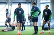 4 February 2020; Robbie Henshaw, left, and Bundee Aki, right, in conversation with Ross Byrne during Ireland Rugby squad training at the IRFU High Performance Centre at the Sport Ireland Campus in Dublin. Photo by Ramsey Cardy/Sportsfile