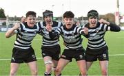 4 February 2020; Cistercian College, Roscrea players, from left, James Conroy, Caleb Schofield, Charlie O'Sullivan and Callum Browne celebrate after the Bank of Ireland Leinster Schools Junior Cup First Round match between Cistercian College, Roscrea and Presentation College, Bray at Energia Park in Dublin. Photo by Matt Browne/Sportsfile