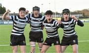 4 February 2020; Cistercian College, Roscrea players, from left, James Conroy, Caleb Schofield, Charlie O'Sullivan and Callum Browne celebrate after the Bank of Ireland Leinster Schools Junior Cup First Round match between Cistercian College, Roscrea and Presentation College, Bray at Energia Park in Dublin. Photo by Matt Browne/Sportsfile