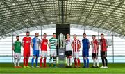 5 February 2020; SSE Airtricty League Premier Division players, from left, Conor Davis of Cork City, Ciaran Kilduff of Shelbourne, Dave Webster of Finn Harps, Ian Bermingham of St Patrick's Athletic, Ronan Finn of Shamrock Rovers, Darragh Leahy of Dundalk, David Cawley of Sligo Rovers, Robbie McCourt of Waterford United, Conor Clifford of Derry City and Danny Grant of Bohemians during the launch of the 2020 SSE Airtricity League season at the Sport Ireland National Indoor Arena in Dublin. Photo by Seb Daly/Sportsfile