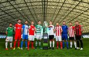 5 February 2020; SSE Airtricty League Premier Division players, from left, Conor Davis of Cork City, Ciaran Kilduff of Shelbourne, Dave Webster of Finn Harps, Ian Bermingham of St Patrick's Athletic, Ronan Finn of Shamrock Rovers, Darragh Leahy of Dundalk, David Cawley of Sligo Rovers, Robbie McCourt of Waterford United, Conor Clifford of Derry City and Danny Grant of Bohemians during the launch of the 2020 SSE Airtricity League season at the Sport Ireland National Indoor Arena in Dublin. Photo by Seb Daly/Sportsfile