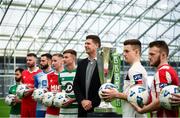 5 February 2020; FAI Interim Deputy Chief Executive Niall Quinn with SSE Airtricty League Premier Division players, from left, Conor Davis of Cork City, Ciaran Kilduff of Shelbourne, Dave Webster of Finn Harps, Ian Bermingham of St Patrick's Athletic, Ronan Finn of Shamrock Rovers, Darragh Leahy of Dundalk and David Cawley of Sligo Rovers during the launch of the 2020 SSE Airtricity League season at the Sport Ireland National Indoor Arena in Dublin. Photo by Stephen McCarthy/Sportsfile