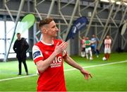 5 February 2020; Ian Bermingham of St Patrick's Athletic celebrates following a skills competition at the launch of the 2020 SSE Airtricity League season at the Sport Ireland National Indoor Arena in Dublin. Photo by Seb Daly/Sportsfile