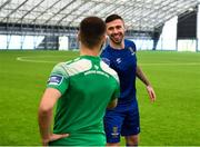 5 February 2020; Waterford United's Robbie McCourt, right, and Cork City's Conor Davis shake hands following a skills competition at the launch of the 2020 SSE Airtricity League season at the Sport Ireland National Indoor Arena in Dublin. Photo by Seb Daly/Sportsfile