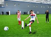 5 February 2020; Dundalk's Darragh Leahy, right, and David Cawley of Sligo Rovers during a skills competition at the launch of the 2020 SSE Airtricity League season at the Sport Ireland National Indoor Arena in Dublin. Photo by Seb Daly/Sportsfile