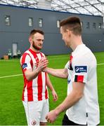5 February 2020; David Cawley of Sligo Rovers, left, and Dundalk's Darragh Leahy shake hands following a skills competition during the launch of the 2020 SSE Airtricity League season at the Sport Ireland National Indoor Arena in Dublin. Photo by Seb Daly/Sportsfile