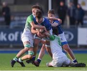 5 February 2020; Luke Policky of St Mary’s College is tackled by Sid Love, left, and Morgan Tyrell of Gonzaga College during the Bank of Ireland Leinster Schools Junior Cup First Round match between Gonzaga College and St Mary’s College at Energia Park in Dublin. Photo by Daire Brennan/Sportsfile