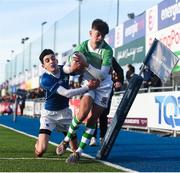 5 February 2020; Stephen McMahon of Gonzaga College is tackled by Seán Murray-Norton of St Mary’s College during the Bank of Ireland Leinster Schools Junior Cup First Round match between Gonzaga College and St Mary’s College at Energia Park in Dublin. Photo by Daire Brennan/Sportsfile