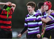5 February 2020; Rory King of Terenure College, centre, celebrates after the Bank of Ireland Leinster Schools Junior Cup First Round match between Terenure College and Kilkenny College at Naas RFC in Naas, Kildare. Photo by Piaras Ó Mídheach/Sportsfile