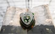 5 February 2020; A detailed view the FAI logo on the SSE Airtricty League Premier Division trophy during the launch of the 2020 SSE Airtricity League season at the Sport Ireland National Indoor Arena in Dublin. Photo by Stephen McCarthy/Sportsfile