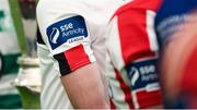 5 February 2020; A detailed view of the SSE Airtricty League branding on the jersey worn by Darragh Leahy of Dundalk during the launch of the 2020 SSE Airtricity League season at the Sport Ireland National Indoor Arena in Dublin. Photo by Stephen McCarthy/Sportsfile