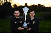 5 February 2020; Luke Wade Slater, left, and Alex O'Hanlon of Cabra with the cup following the FAI-ETB Bobby Smith Cup Final match between FAI-ETB Cabra and FAI-ETB Irishtown at FAI National Training Centre at the Sport Ireland Campus in Dublin. Photo by Eóin Noonan/Sportsfile