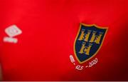 5 February 2020; A detailed view of the Shelbourne crest on the jersey worn by Ciaran Kilduff during the launch of the 2020 SSE Airtricity League season at the Sport Ireland National Indoor Arena in Dublin. Photo by Stephen McCarthy/Sportsfile