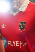 5 February 2020; A detailed view of the Shelbourne crest on the jersey worn by Ciaran Kilduff during the launch of the 2020 SSE Airtricity League season at the Sport Ireland National Indoor Arena in Dublin. Photo by Stephen McCarthy/Sportsfile