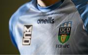 5 February 2020; A detailed view of the UCD crest on the jersey worn by Josh Collins during the launch of the 2020 SSE Airtricity League season at the Sport Ireland National Indoor Arena in Dublin. Photo by Stephen McCarthy/Sportsfile
