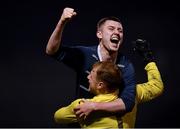 5 February 2020; Jack O’Connor of DCU celebrates with Imrich Toth after scoring the winning penalty in the shoot-out during the Rustlers IUFU Collingwood Cup Final match between DCU and Ulster University at Dalymount Park in Dublin. Photo by Sam Barnes/Sportsfile