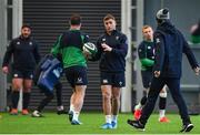 6 February 2020; Jordan Larmour, centre, with assistant coach Mike Catt during Ireland Rugby squad training at the IRFU High Performance Centre at the Sport Ireland Campus in Dublin. Photo by Brendan Moran/Sportsfile