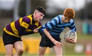 6 February 2020; Luke Donohue of Castleknock College is tackled by Robert Reynolds of CBS Wexford during the Bank of Ireland Leinster Schools Junior Cup First Round match between CBS Wexford and Castleknock College at Greystones RFC in Wicklow. Photo by Matt Browne/Sportsfile