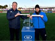 6 February 2020; Phil Lawlor, Head of Rugby Development at Leinster Rugby, left, and Charlie Dole, Gamesmaster at St Andrew's College, during the 2020 Bank of Ireland Leinster Rugby Schools Junior Cup Second Round Draw at Energia Park in Donnybrook, Dublin. Photo by Eóin Noonan/Sportsfile