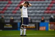 5 February 2020; Niall McGinley of Ulster University reacts after missing a penalty in the shoot-out during the Rustlers IUFU Collingwood Cup Final match between DCU and Ulster University at Dalymount Park in Dublin. Photo by Sam Barnes/Sportsfile