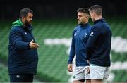 7 February 2020; Head coach Andy Farrell, left, in conversation with Conor Murray, centre, and Jonathan Sexton during the Ireland Rugby captain's run at the Aviva Stadium in Dublin. Photo by Ramsey Cardy/Sportsfile