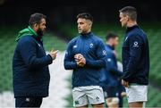 7 February 2020; Head coach Andy Farrell, left, in conversation with Conor Murray, centre, and Jonathan Sexton during the Ireland Rugby captain's run at the Aviva Stadium in Dublin. Photo by Ramsey Cardy/Sportsfile