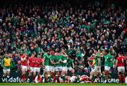 8 February 2020; Tadhg Furlong of Ireland celebrates after scoring his side's second try with team-mates during the Guinness Six Nations Rugby Championship match between Ireland and Wales at Aviva Stadium in Dublin. Photo by Brendan Moran/Sportsfile