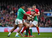 8 February 2020; Hadleigh Parkes of Wales is tackled by Bundee Aki, left, and Jonathan Sexton of Ireland during the Guinness Six Nations Rugby Championship match between Ireland and Wales at Aviva Stadium in Dublin. Photo by Brendan Moran/Sportsfile