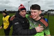 8 February 2020; Niall Brassil of IT Carlow is congratulated by IT Carlow manager DJ Carey following the Fitzgibbon Cup Semi-Final match between Mary Immaculate College Limerick and IT Carlow at Dublin City University Sportsgrounds. Photo by Sam Barnes/Sportsfile
