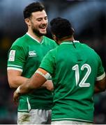 8 February 2020; Robbie Henshaw, left, and Bundee Aki celebrate following the Guinness Six Nations Rugby Championship match between Ireland and Wales at Aviva Stadium in Dublin. Photo by David Fitzgerald/Sportsfile