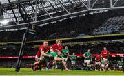 8 February 2020; Andrew Conway of Ireland dives over to score his side's fourth try despite the tackle of Johnny McNicholl of Wales during the Guinness Six Nations Rugby Championship match between Ireland and Wales at the Aviva Stadium in Dublin. Photo by Ramsey Cardy/Sportsfile