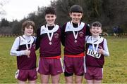 8 February 2020; Members of the Fergus AC, Clare, under-14 relay team, from left Ewan Wragg, Michael Kelly, Daire Culligan and Diarmuid McMahon, who came third, during the Irish Life Health National Intermediate, Master, Juvenile B & Relays Cross Country at Avondale in Rathdrum, Co Wicklow. Photo by Matt Browne/Sportsfile