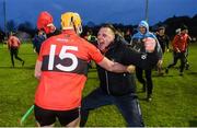 8 February 2020; Mark Kehoe of UCC celebrates with a member of coaching staff following the Fitzgibbon Cup Semi-Final match between DCU Dóchas Éireann and UCC at Dublin City University Sportsgrounds. Photo by Sam Barnes/Sportsfile