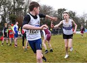 8 February 2020; Dylan Ryan of Donboyne AC, Meath, left, takes the baton from team-mate Jed Collins during the under-14 boys relay during the Irish Life Health National Intermediate, Master, Juvenile B & Relays Cross Country at Avondale in Rathdrum, Co Wicklow. Photo by Matt Browne/Sportsfile