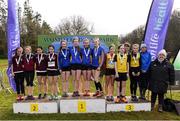 8 February 2020; President of Athletics Ireland Georgina Drumm with the top three finishing under-14 girls relay teams during the Irish Life Health National Intermediate, Master, Juvenile B & Relays Cross Country at Avondale in Rathdrum, Co Wicklow. Photo by Matt Browne/Sportsfile