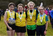 8 February 2020; Members of the under-12 girls relay team from North Cork AC, who came third, from left, Caoilainn Ryan, Anna Lucey-O'Sullivan, Eimile Browne and Muireann Bradley during the Irish Life Health National Intermediate, Master, Juvenile B & Relays Cross Country at Avondale in Rathdrum, Co Wicklow. Photo by Matt Browne/Sportsfile