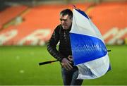 8 February 2020; Former Kildare footballer and eir Sport pundit Johnny Doyle battles the stormy conditions before the Allianz Football League Division 2 Round 3 match between Armagh and Kildare at Athletic Grounds in Armagh. Photo by Piaras Ó Mídheach/Sportsfile