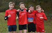 8 February 2020; Members of the St Cronans AC, Clare, under-12 team, that won gold, from left, Tadhg Bane, Odhran O'Farrell, Finn Duignan and Tadhg Hassett during the Irish Life Health National Intermediate, Master, Juvenile B & Relays Cross Country at Avondale in Rathdrum, Co Wicklow. Photo by Matt Browne/Sportsfile