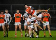 8 February 2020; Joe McElroy of Armagh gathers possession ahead of team-mate Mark Shields and Paul Cribbin of Kildare during the Allianz Football League Division 2 Round 3 match between Armagh and Kildare at Athletic Grounds in Armagh. Photo by Piaras Ó Mídheach/Sportsfile