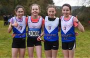 8 February 2020; Members of the girls under-12 relay team from Ratoath AC, Meath, from left, Lucy Mooney, Aisling Clare, Ava Doran and Amber Lane during the Irish Life Health National Intermediate, Master, Juvenile B & Relays Cross Country at Avondale in Rathdrum, Co Wicklow. Photo by Matt Browne/Sportsfile