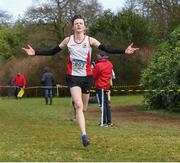 8 February 2020; Paul Delahunty of Greystones and Districy AC, Wicklow, celebrates after winning the Boys under-17 Cross Country during the Irish Life Health National Intermediate, Master, Juvenile B & Relays Cross Country at Avondale in Rathdrum, Co Wicklow. Photo by Matt Browne/Sportsfile