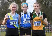 8 February 2020; Leah Toher, centre, from Claremorris AC, Mayo, who won gold in the girls under-17 Cross Country with second place Niamh McDonald, left, from Ballyroan Abbeyleix and District AC, Laois, and third place Kate McCrystal, from Annalee AC, Cavan, during the Irish Life Health National Intermediate, Master, Juvenile B & Relays Cross Country at Avondale in Rathdrum, Co Wicklow. Photo by Matt Browne/Sportsfile