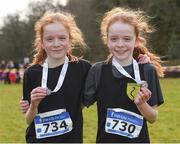 8 February 2020; Twins Caoimhe, left, and Aoife Dempsey of Naas AC, Kildare, who came fifth and sixth in the girls under-17 Cross Country during the Irish Life Health National Intermediate, Master, Juvenile B & Relays Cross Country at Avondale in Rathdrum, Co Wicklow. Photo by Matt Browne/Sportsfile