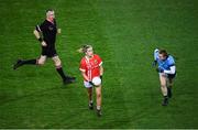 8 February 2020; Maire O'Callaghan of Cork in action against Lauren Magee of Dublin as referee Niall McCormack watches on during the Lidl Ladies National Football League Division 1 Round 3 match between Dublin and Cork at Croke Park in Dublin. Photo by Stephen McCarthy/Sportsfile